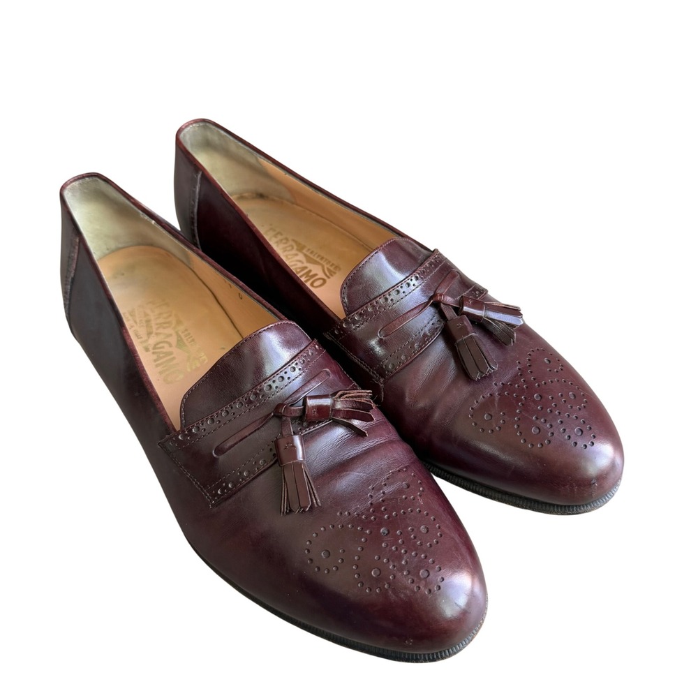 Salvatore Ferragamo Men's Burgundy Leather Tassel Brogue Loafers Size 11 D Italy